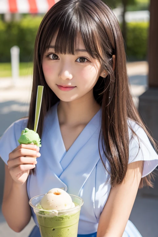 (Best-quality, Masterpiece, Ultra-High-Resolution, (Photorealistic:1.4), Raw Photo, depth of field, professional lighting, perfect anatomy, extremely details), 1girl, 15-years-old, the most famous Japanese idol, ((at outdoor terrace of Cafe, eating lunch)), looking at viewer, innocent smile, wearing summer-clothes with cute-design, ((extremely cute face like the most popular Japanese idol, ((extremely cute and extremely big eyes)), extremely realistic hair, extremely beautiful and extremely realistic skins)), extremely cute long-eyelashes, extremely cute lips, detailed lunch-box