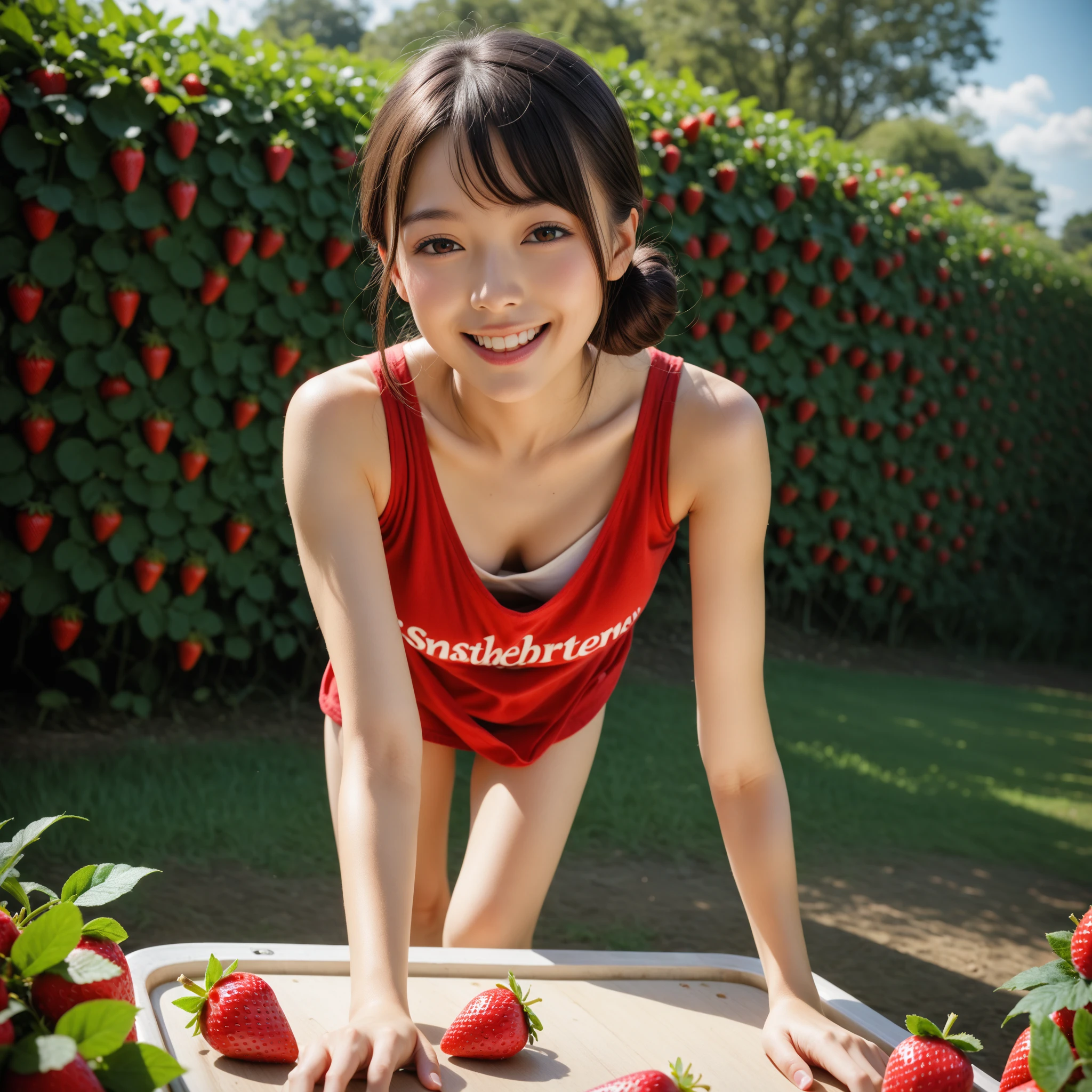 girl sitting in a strawberry field, strawberry fight, sweet and innocent, Holding a giant strawberry in his hands, Alexa Grace, Beautiful cute, pink cheeks, in thoughts, strawberry fields forever, shy facial expression, portrait shot, she is eating a peach, bottom corner, Young and sweet, looks cute, red bow in the hair