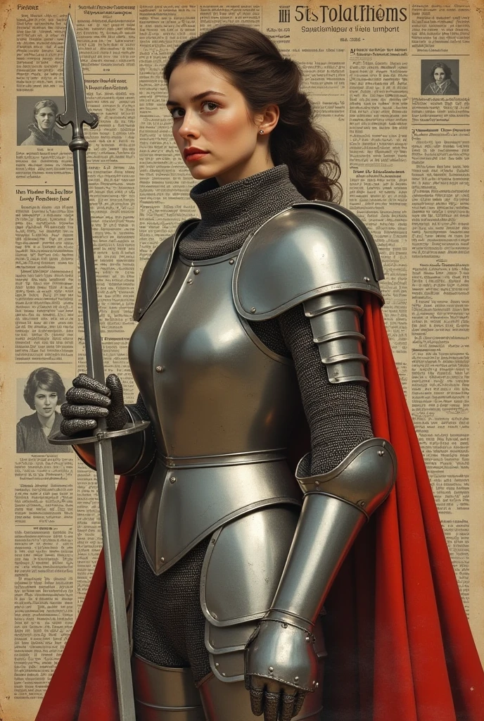Female knight, Knight, Joan of Arc, (High quality, masterpieces, realistic and detailed depiction), whimsical collage art, 1960s retro vibe, blurry paper texture, place a picture of a newspaper article showing a beautiful woman in the center, old movie film, French film, stylish, fashion, beautiful, artistic, retro, ((Masterpiece:2.0))