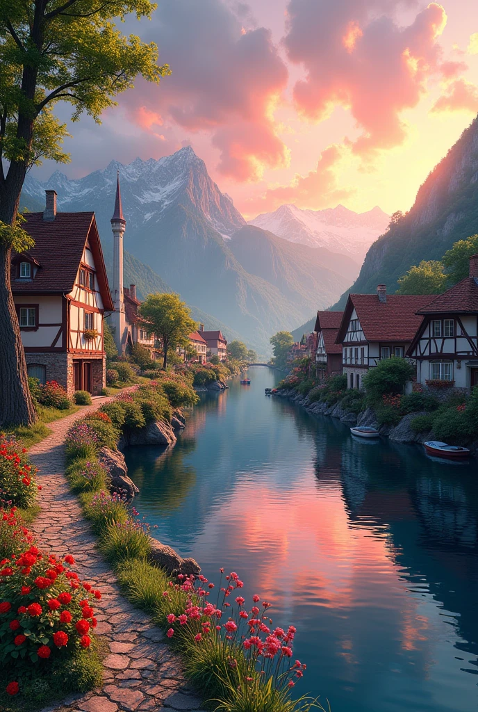 A small town by the river, mountains in the background, colorful floral flowers, detailed landscape, beautiful natural landscapes, atmospheric lighting, scorching sunset, warm colors, practical, photographic, detailed foliage, complex buildings, cobblestone street, charming country house, vibrant colors, lush vegetation, reflections in the water,  picturesque, idyllic, artwork, best quality, 8K, extremely detailed, anime style