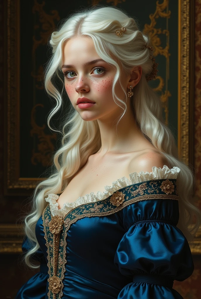 Baroque painting .
a young woman with white hair with dark green eyes and creamy white skin and lips as pink as a strawberry and with freckles, wearing a navy blue silk dress highlighting her figure as a royal lady.