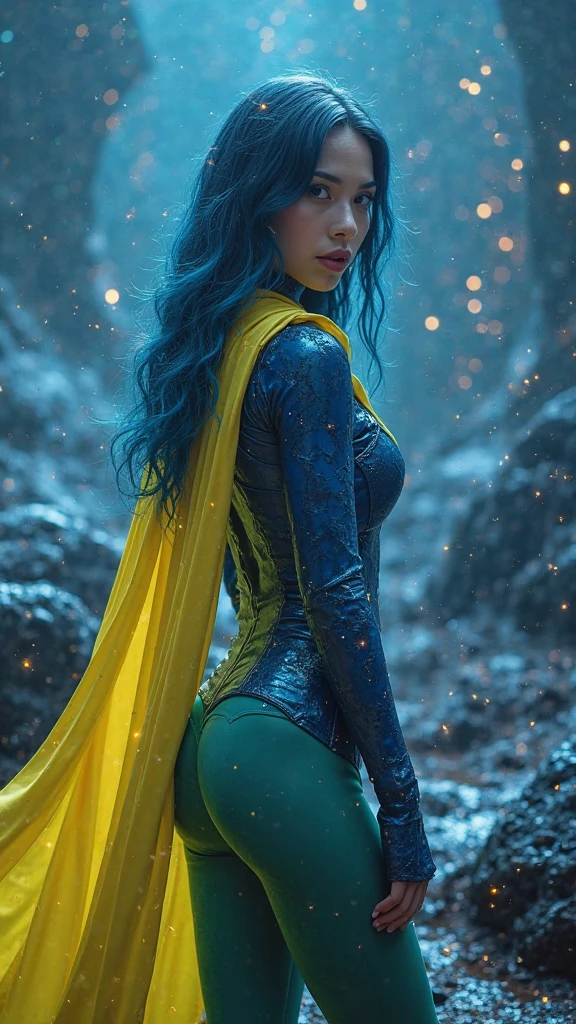 (WDS丽人摄影_V2.1.2),(Qingxu_Realistic Asian beauty portrait photography_V16_f.16),Beautiful Japanese woman cosplaying Wanda Maximoff, Has a tight blue latex bodysuit, pantyhose verde lima , Has blue Lycra gloves fitted to the elbow,tiene una capa yellow de seda cuero, Has blue leather thigh-high boots, Long blue hair , (f.1_Wanda Maximoff cosplay _v1), (pose medio cuerpo) ,Background of large black lava magma stones, Floating magical fire particles, colored glass blue background, large stones black abyss, (AWPortraitfL LoRA V16),cool color V16, (Flux Texture_v1.0), MajicMix realistic V16, (f.1_cinematic lighting_ v1),(pose medio cuerpo), Looking back, showing her buttocks, She has a beautiful ass, Scarlet Witch verde lima Glass Tiara ,(Scarlet Witch Cosplay _v1), (It has a transparent yellow coating on the back_v1_f.1) , glowing aura outlining her figure, 