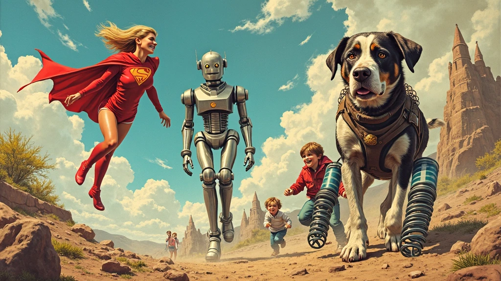 A collage in the style of a British 1980s ren's comic book, featuring a female superhero flying through the air, a friendly robot, a giant schoolboy, and a dog with coil springs attached to his feet, bouncing around.