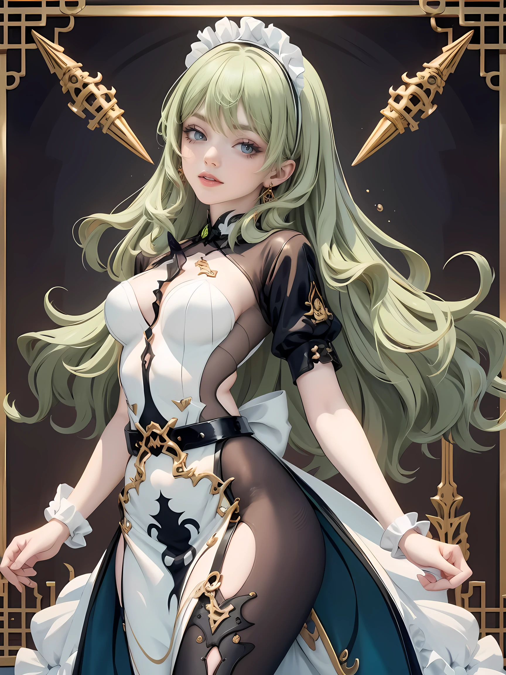 1girl, green hair, harness, black dress, chinese maid design, solo, white roses, symmetrical gloves, high socks, puffed socks, harness, tassel, chinese maid dress, v neckline, garter on the legs, standing up, white apron, maid dress, chinese maid, chinese aesthetic, thigh gap, harness, white roses on her hair, solid background, chinese maid uniform, puffed sleeves, too many frills in her dress, magical girl, perfect anatomy, gold jewelry, harness, Cute pose, beautiful hairstyles with white roses, tassel, glow eyes, long hair with long waves and white roses, high thigh, frills, harness, chinese maid uniform, chinese maid dress, white apron, garter on the legs, gold jewelry, solid background, standing up, blushing, maid headdress, chinese maid dress with too many frills, Chinese aesthetic, puffed skirt, harness, centered girls, full body, glowing hair, magical girl, more details on her clothes, golden details on her dress, harness, tassel