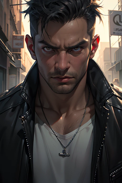 handsome punk guy, portrait, dramatic pose, brooding expression, dark makeup, spiked hair, leather jacket, silver chain necklace, city alleyway background, moody lighting, dark shadows, gritty urban setting, dramatic chiaroscuro, digital painting, photorealistic, 8K, HDR, ultra-detailed, cinematic, vivid colors (Maga, realistic), (oil painting in sfumato technique) (close-up portrait)