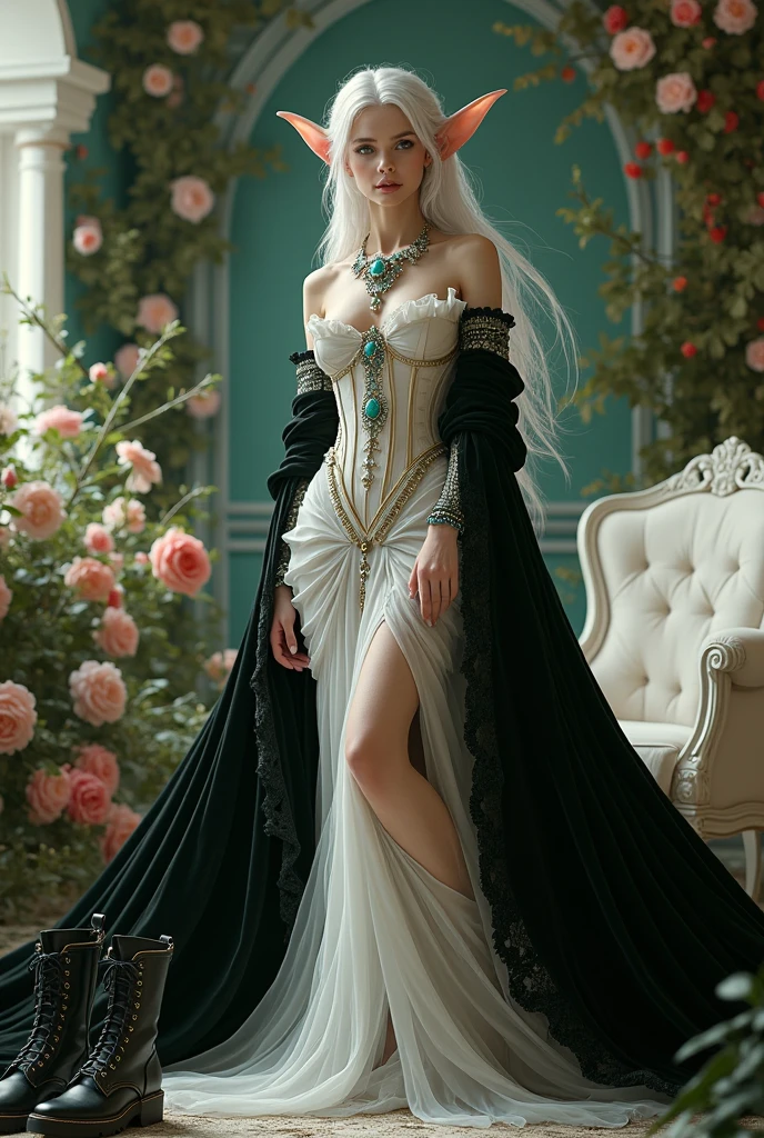 masterpiece, highres, high detailed, intricate details, depth of field, 1 girl, queen, royal crown, Coronation Gown, queen dress, Evening Gown, outdoor background. The background is a luxurious castle, mildly clouds, best sunlight. There are 2 long flower beds besides the path, queen is standing on the path. Her face is gorgeous, beautiful, confident. She wears a lot of luxury jelweries. She has blue eyes, platinum blonde long shining hair. Behind her is the castle.