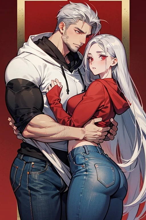 A boy and a girl, a couple happy hugging eachother, a cute 17 year old girl with long snow white hair, big cute violet eyes, plump cheeks, a sharp jaw, luscious lips, a muscularly lean short body with a v taper, big nicely shaped breasts, a slim waist, wearing a big baggy black hoodie and white shorts and one 17 year old boy with a tall muscularly lean body with huge pronators and strong shoulders, messy curly black hair, sharp red eyes, a sharp face and stitches on the sides of his mouth seemingly holding his upper and lower jaw, wearing a black jacket and black sweatpants. Loving.