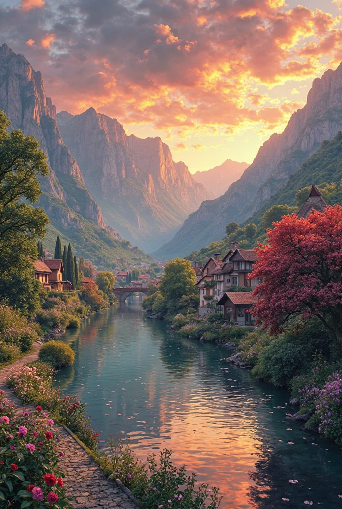 a small village by the river, mountains in the background, floral flowers colorful, detailed landscape, Beautiful natural landscapes, atmospheric lighting, scorching sunset, warm colours, practical, photopractical, Detailed Foliage, complex buildings, cobblestone street, Charming country house, swirly vibrant colors, lush vegetation, Still water reflections, Picturesque, idyllic, work of art, best qualityer, 8k, extremely detaild,anime styling