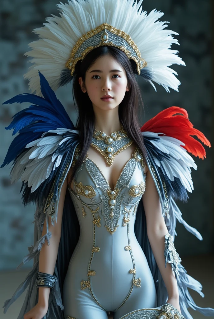 masterpiece, cinematic lighting, UHD, accurate, super detail, high details, high quality, award winning, best quality, highest, 16k Wallpaper, ultra detailed face, perfect anatomy, perfect fingers, huge breasts, slender body, (abs), curvy body, bare buttocks, thin thighs.
silver body decorated with yellow, silver longhair, blue and red feathers on the shoulders, light neckline decorated with yellow, blue and red silver litmus rhinestones, Bustle with layered feathers shield in left hand and sword in right hand.