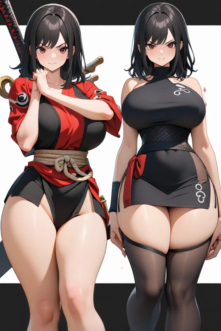 Anime woman, 3d rendering, traditional ninja outfit, front and back, same person, thick thighs, big breasts, big ass, wide hips, tanned skin
