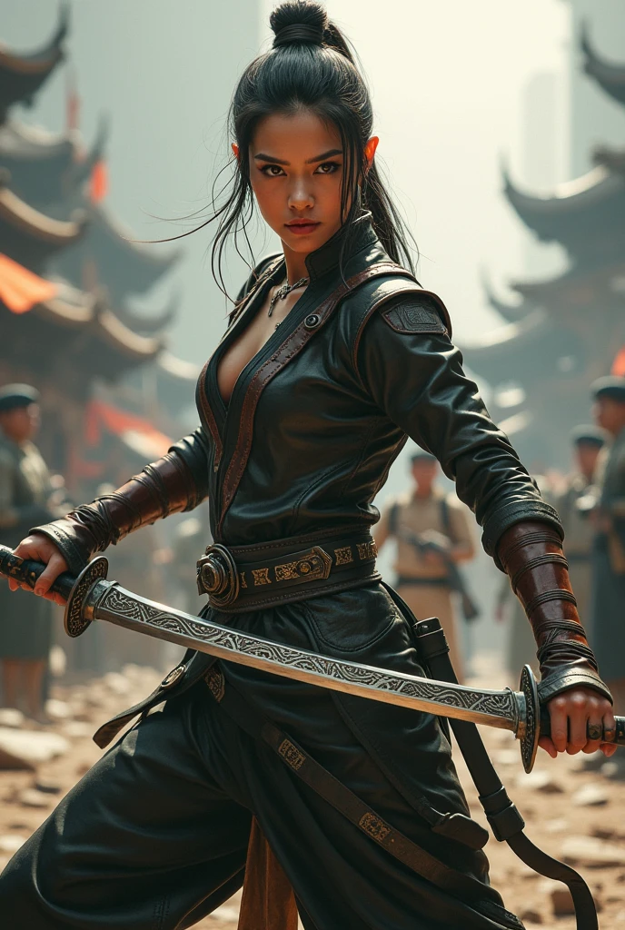 A burmese woman, late 20s, dual wielding Dha swords while dressed in sleek garb.