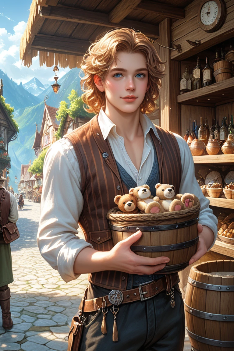 A young, curly-haired hobbit stands confidently in a rustic, medieval setting, holding a small animal in one hand. He is wearing a rustic, vintage-style outfit consisting of a red and brown striped vest over a white shirt, with the sleeves rolled up to the elbows. A leather belt and pouches cover his ????? and waist. The outfit is completed by dark trousers tucked into worn boots. Barrels and baskets filled with goods surround him, adding to the lively, picturesque atmosphere of the market. Ambient lighting casts soft shadows, giving the scene a warm, vibrant tone. A painting of a boy holding a teddy bear in a market, D&D avatar halfling portrait, art by Rens on ArtStation, D&D fantasy character, small character portrait, detailed character art, D&D fantasy character, RPG character art by Johannes Helgeson, RPG concept art character, male gnome craftsman.