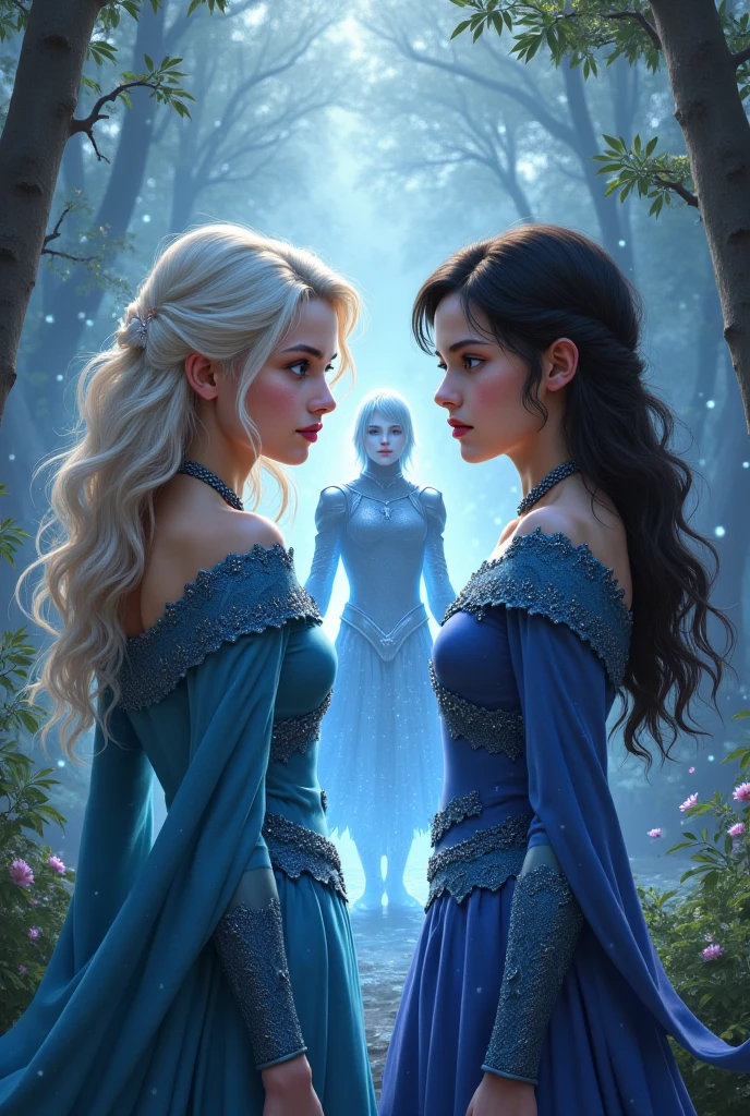 > A digital painting in semi-realistic style with magical atmosphere. The scene shows two powerful young sisters, Elyra (wavy silver-blond hair, bright blue eyes) e Aerya (straight black hair, intense amber eyes), side by side in a soft combat position,  but elegant . Ao fundo, the ethereal figure of the Blue Mist Witch emerges — shimmering bluish skin, floating white hair and deep blue eyes — shrouded in soft silver mist. Behind them, a male figure approaches: Kael,  A striking looking young man , dark brown hair and magical armor with silver details. The surrounding enchanted forest is filled with fluctuating lights and pulsating energy.