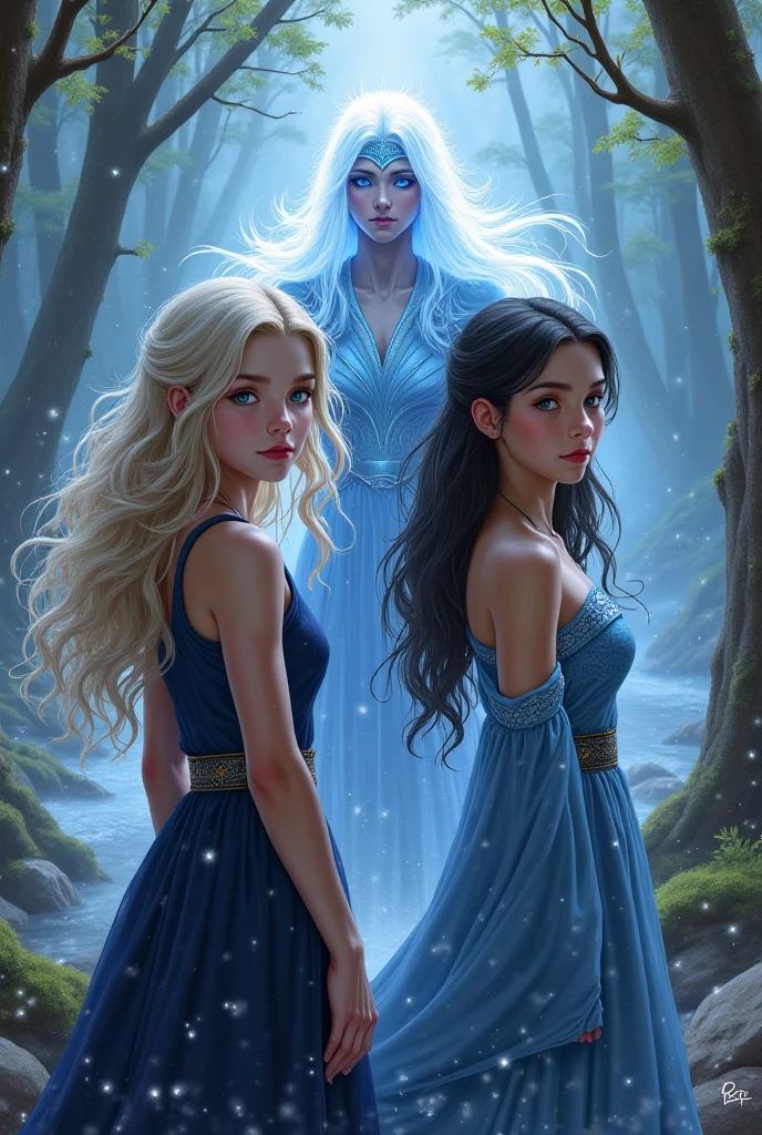 > A digital painting in semi-realistic style with magical atmosphere. The scene shows two powerful young sisters, Elyra (wavy silver-blond hair, bright blue eyes) e Aerya (straight black hair, intense amber eyes), side by side in a soft combat position,  but elegant . Ao fundo, the ethereal figure of the Blue Mist Witch emerges — shimmering bluish skin, floating white hair and deep blue eyes — shrouded in soft silver mist. Behind them, a male figure approaches: Kael,  A striking looking young man , dark brown hair and magical armor with silver details. The surrounding enchanted forest is filled with fluctuating lights and pulsating energy.