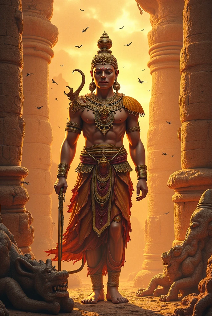 Make a poster that includes mythical creatures such as rakshasas and yakshas as well as naga guardians and include emperor Ashoka with some Buddhist represent, HIGHLIGHT the ancient scrolls, as it is the most important part of the poster and create symbols of battle near the scrolls, make this poster take place in Mauryan cities