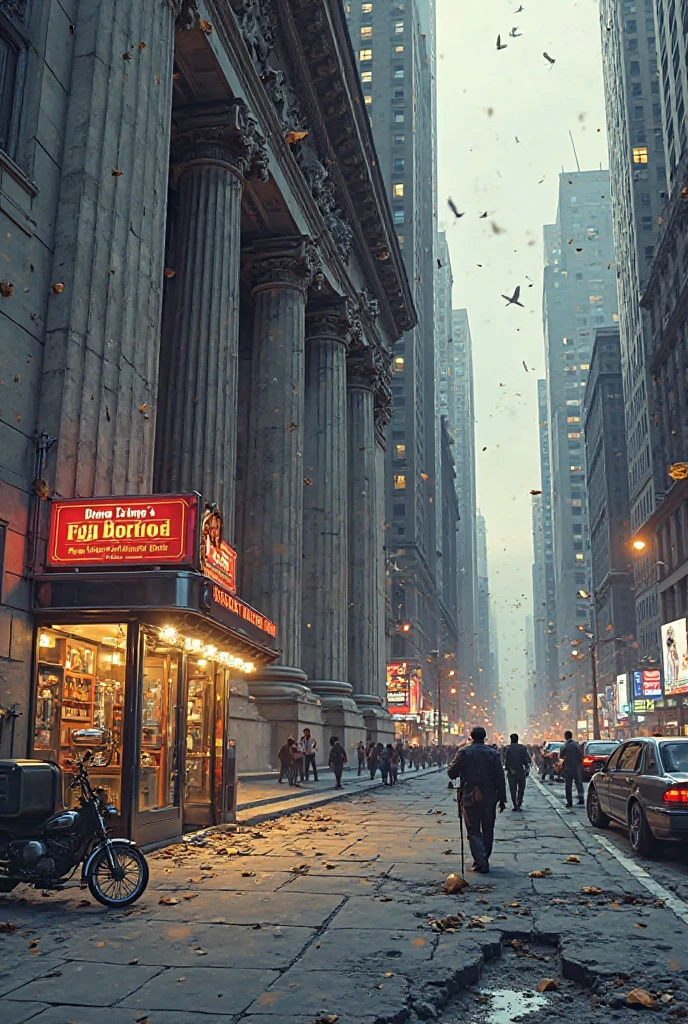 Create an image Create a Marvel comic style image, intense colors, sharp lines and cinematic drama. Scene set on the main avenue of the Financial District of New York.
bank: Classic New York building from the beginning of the 20th century, inspired by Greek architecture, with large marble columns white, wide stone staircases and a façade decorated with detailed reliefs of eagles and coins.
On the left wall of the bank, a huge shattered hole: concrete debris, bent metal rods and dust floating in the air.
The bank's revolving door is asphyxiated Tilled but still rotating, with a hanging sign that says sarcastically: "Open 24/7 (except when there are robberies)".
Street environment:
Cracked asphalt street, with sewers that expel steam.
Several abandoned cars with open doors, as if people had fled in a hurry.
A hot dog stand overturned, condiments (mustard and sauerkraut) scattered on the sidewalk.
An intact and ironically clean hot dog cart on the edge of a crater, with a sign that says: "Closed by apocalypse".
Screens and advertisements:
Illuminated advertising screens show sensationalist news in a loop: "BRUTE ATTACKS AGAIN: WHERE ARE THE 'HEROES'?".
atmosphere:
Headed gray sky of thick smoke, with flames and smoke rising in the distance.
dramatic style, bright colors and strong shading to highlight urban chaos.
Final Touch:
Capture the aesthetic of Marvel comics, as if it were an action vignette. Adds dynamism to the scene: airborne debris, lines of movement, and a crowd in the background recording the scene with their cell phones while listening to (optionally) distant mermaids and broken glass.
artistic style:
Marvel comic vignette, saturated colors, dynamic lines of action, with an epic cinematic approach.
I want to create a Marvel comic style image