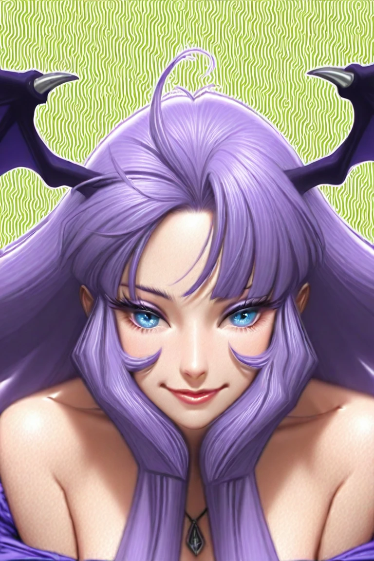 Long Hair,Purple Hair,ponytail, (Hair on one eye:0.8), (Dark Skinned female:1.2), (Dark Skin:1.1),Big Breasts,white,Glowing Skin,white background,Sexy smile
