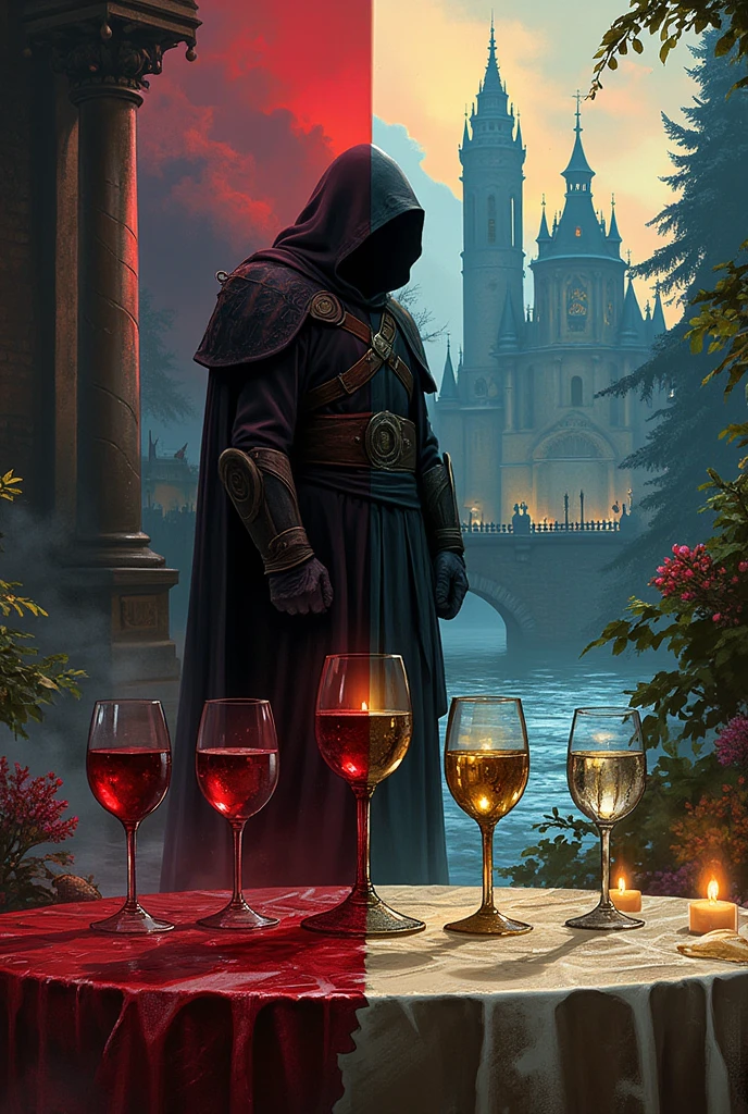 Split scene into two halfs,
(Left half evockes past sad  time, muted colors, blurred figures), ((three crystal goblets fallen and spilling)) red wine. 
(Right half, present happy beautiful future  deep, vivid, intense colors) ((two gold goblets containing crystal-clear water spilling))
Center, a person wearing a robe and hood; his face cannot be seen, standing looking to the left in background castle, river, bridge