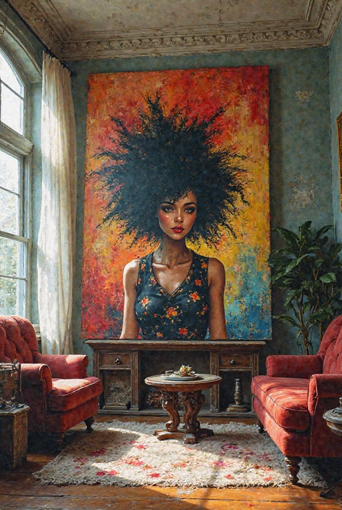 An abstract painting in the middle of the living room of an old house, Where to remove a hot woman, retro old anime style 