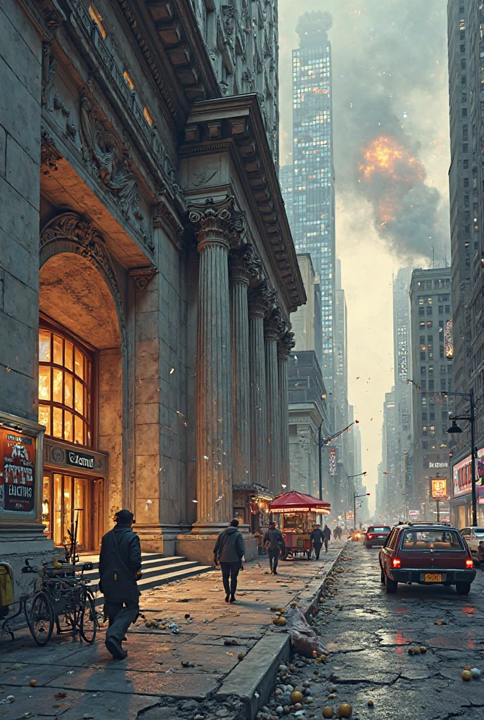 Create an image Create a Marvel comic style image, intense colors, sharp lines and cinematic drama. Scene set on the main avenue of the Financial District of New York.
bank: Classic New York building from the beginning of the 20th century, inspired by Greek architecture, with large marble columns white, wide stone staircases and a façade decorated with detailed reliefs of eagles and coins.
On the left wall of the bank, a huge shattered hole: concrete debris, bent metal rods and dust floating in the air.
The bank's revolving door is asphyxiated Tilled but still rotating, with a hanging sign that says sarcastically: "Open 24/7 (except when there are robberies)".
Street environment:
Cracked asphalt street, with sewers that expel steam.
Several abandoned cars with open doors, as if people had fled in a hurry.
A hot dog stand overturned, condiments (mustard and sauerkraut) scattered on the sidewalk.
An intact and ironically clean hot dog cart on the edge of a crater, with a sign that says: "Closed by apocalypse".
Screens and advertisements:
Illuminated advertising screens show sensationalist news in a loop: "BRUTE ATTACKS AGAIN: WHERE ARE THE 'HEROES'?".
atmosphere:
Headed gray sky of thick smoke, with flames and smoke rising in the distance.
dramatic style, bright colors and strong shading to highlight urban chaos.
Final Touch:
Capture the aesthetic of Marvel comics, as if it were an action vignette. Adds dynamism to the scene: airborne debris, lines of movement, and a crowd in the background recording the scene with their cell phones while listening to (optionally) distant mermaids and broken glass.
artistic style:
Marvel comic vignette, saturated colors, dynamic lines of action, with an epic cinematic approach.
I want an animated image