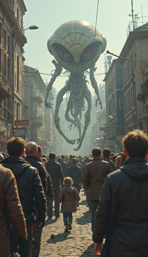 a giant insect attacking people on a street in the style marsattacks