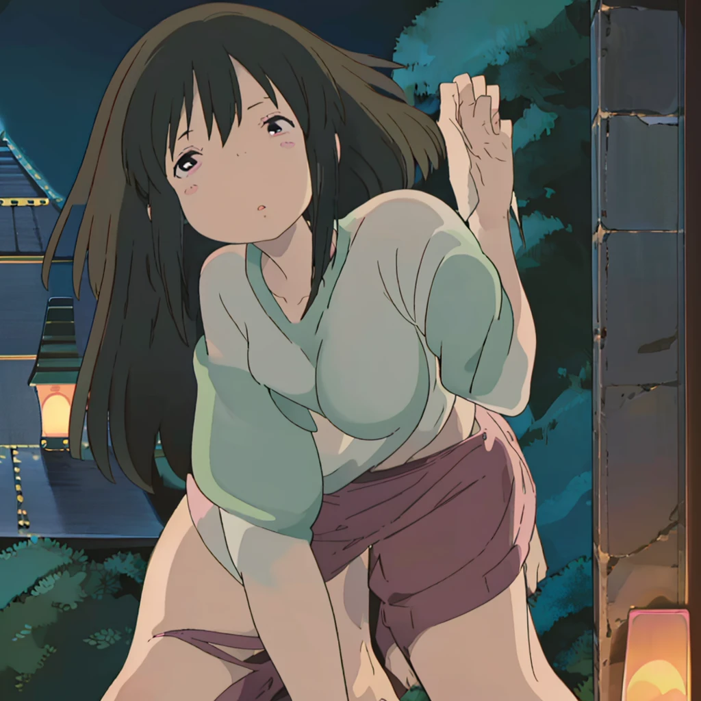 Chihiro Ogino, (Young girl:1.3), (10 years old:1.3), Ghibli style, One girl,, bangs, Iris, Black Hair, blush, alone, Happy , School swimming pool, spread legs, indoor, naughty face, (night:1.3), Nude, nsfw, necklace, ponytail,Showing off her chest, Sitting, spread legs, Showing her nipples, Completely naked