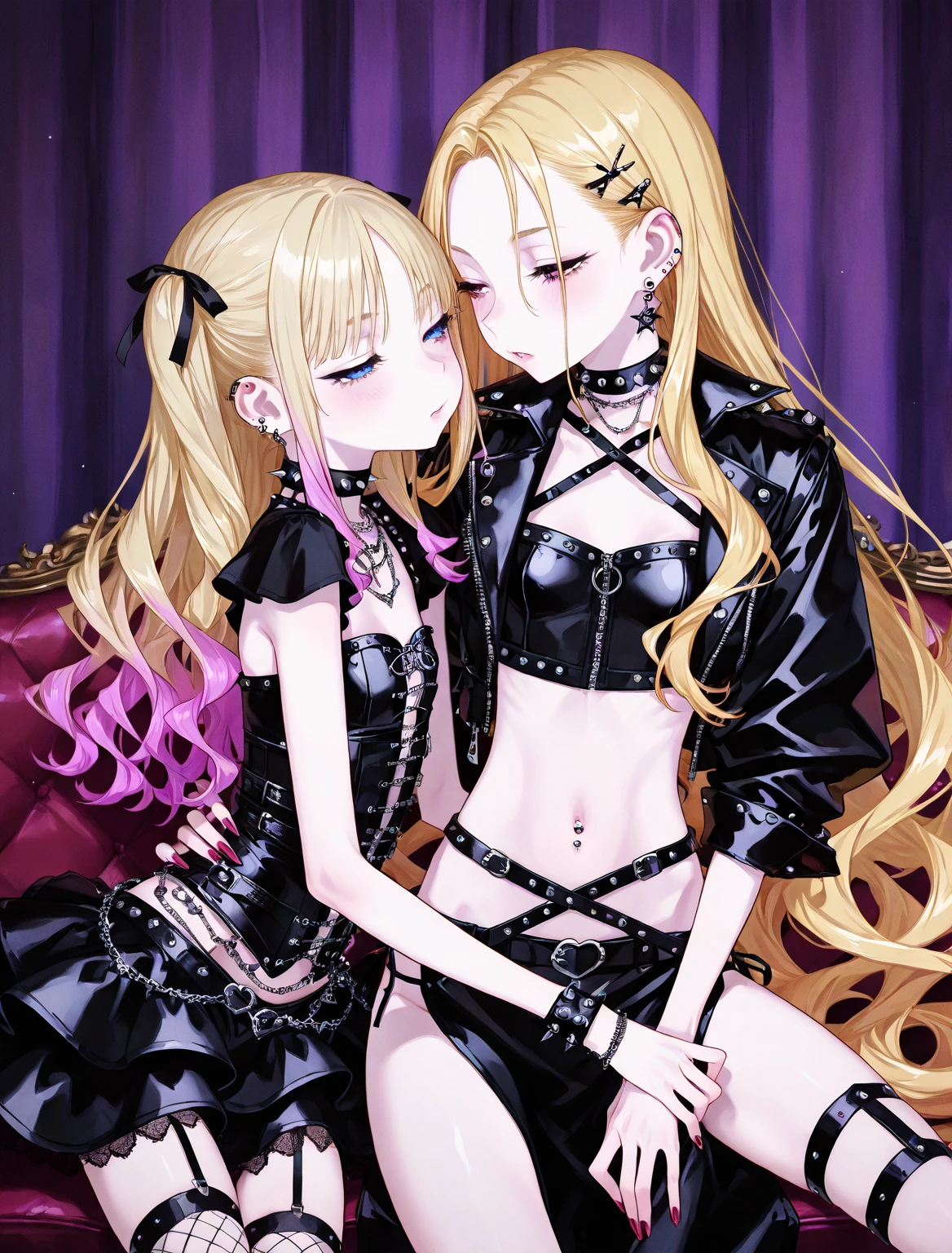 Deux filles de 25 ans, Soeurs jumelles, avec de gros seins vêtu d'une combinaison en latex, (hentai style) ouverte aux parties intime, the scene shows her caressing her breasts, back bent facing the audience, angle de vue multiples, seductive and explicit, corps voluptueux et musclé, legs spread. NSFW❤️💕💖💋