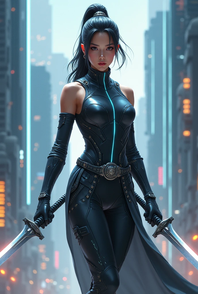 A burmese woman, late 20s, dual wielding Thai Dha swords while dressed in sleek yet futuristic garbs.
