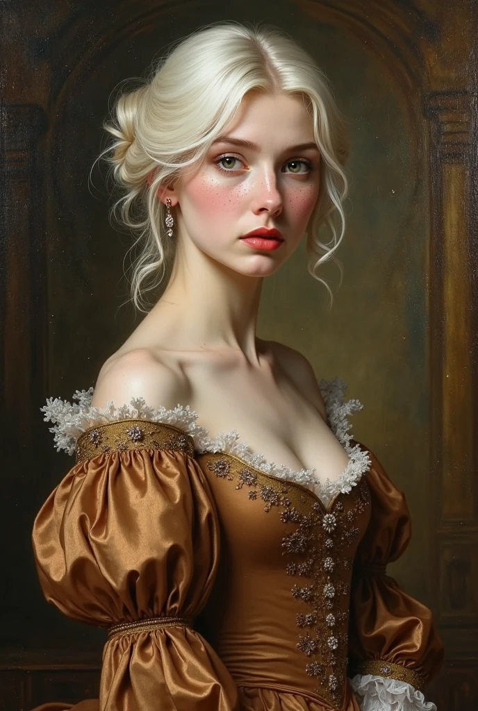 Baroque painting .
a young woman with white hair with dark green eyes and creamy white skin and lips as pink as a strawberry and with freckles, wearing a brown silk dress highlighting her figure as a royal lady.