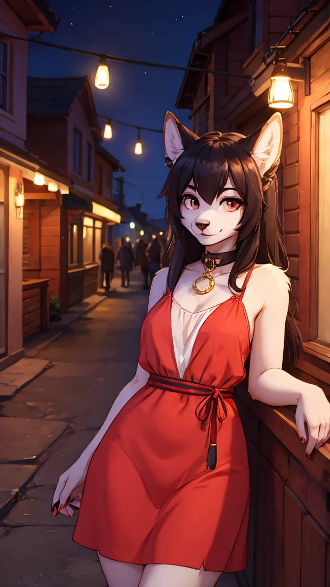 anthropomorphic red panda furry, soft fur, wearing a long red sleeveless qipao dress, city street at night