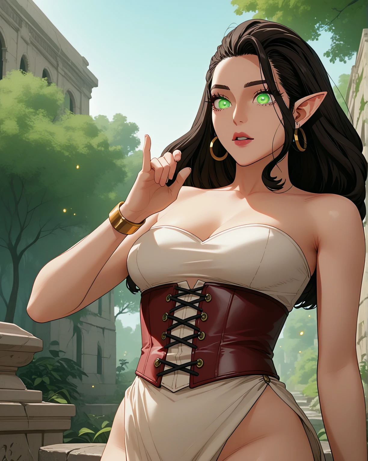 (((masterpiece, best quality, ultra-detailed, 8k))),
1girl, (dark-skinned elf), (rich mahogany skin),
(thin dreadlocks), (waist-length), (gold bead accents),
(emerald green eyes), (glowing pupils), (long lashes),
(pointed ears), (sharp cheekbones), (full lips),
(slim athletic build), (runes tattooed on arms),
(leafweave corset), (sheer silk sash), (leather thigh straps),
(barefoot), (ankle bracelets),
(twilight forest:), (bioluminescent flowers),
(ancient stone ruins:), (floating fireflies) ,anime studio