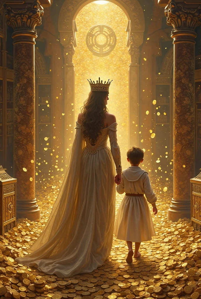 The same queen and the same young apprentice walking in a secret chamber with lots of gold coins 