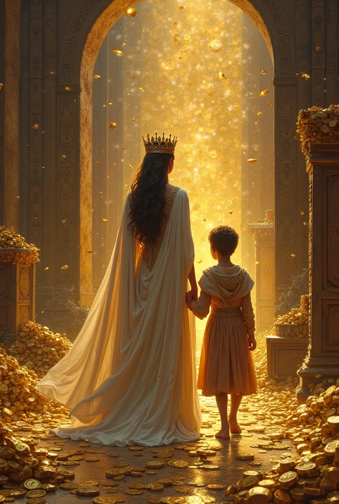 The same queen and the same young apprentice walking in a secret chamber with lots of gold coins 