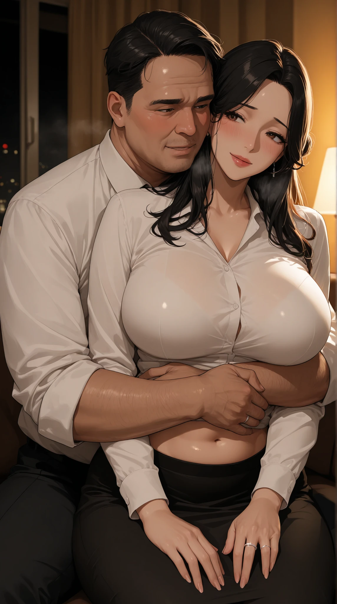 (NSFW:1.0),(8k, RAW Photos, highest quality, masterpiece: 1.2),((8-year-old boy,1 person,Completely naked,A boy fondles a woman's breasts,Kneading with your hands)),(Boy1 person,penis,Handjob),Three 30-year-old Japanese women,Mother,housewife,(Huge breasts:1.6),(Pure white lace bra:1.3),(White sheer lace panties:1.1),Narrow waist,Mature Woman,Natural smile,Provocative pose,Looking away,In the living room,evening