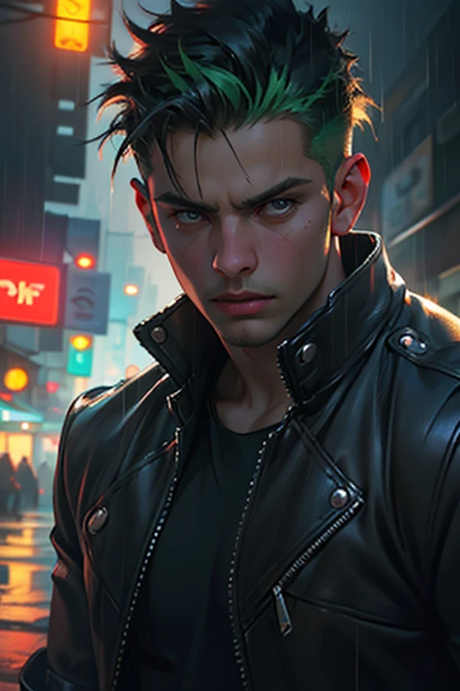 ultra detail, high resolution, ultra detailed, best quality, amazing, top quality, extremely detailed CG 8k wallpaper unit, cinematic lighting, Zelda cyberpunk link, cyberpunk, dark boy, red clothing, red armor, neon berde, black hair,