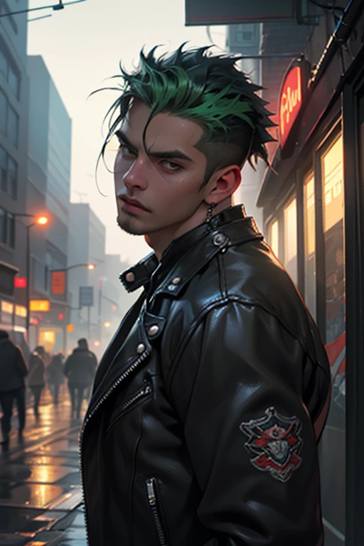 hot punk young guy, early twenties, green spiked hair, alternative, cinematic lighting, dramatic pose, intense expression, edgy street style, leather jacket, ripped jeans, punk accessories, gritty urban setting, neon lights, rain-slicked pavement, moody atmosphere, hyper-realistic, 8K, photorealistic, professional photography, vivid colors, cinematic composition, depth of field (Maga, realistic), (oil painting in sfumato technique) (close-up portrait)