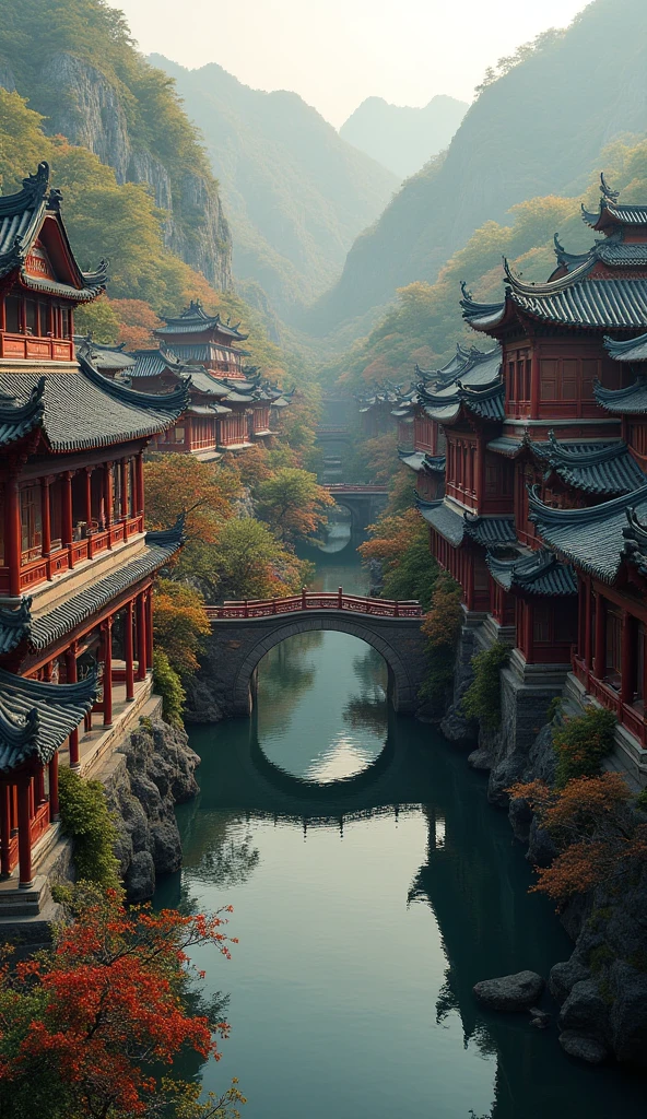 a panoramic view of an ancient Chinese wooden architectural complex, intricately carved, a beautiful combination of Chinese nature and traditional wooden building architecture, set in the 5th century BC during the flourishing era of Chinese architecture, a picturesque ancient city, (best quality,8k,masterpiece:1.2),ultra-detailed,(realistic,photorealistic:1.37),award winning photography,cinematic lighting,vibrant colors,dramatic composition,elegant,serene,calming atmosphere,ancient chinese wooden architecture,detailed wooden carvings