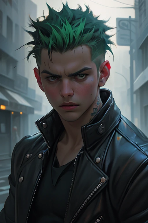 hot punk young guy, early twenties, green spiked hair, alternative, cinematic lighting, dramatic pose, intense expression, edgy street style, leather jacket, ripped jeans, punk accessories, gritty urban setting, neon lights, rain-slicked pavement, moody atmosphere, hyper-realistic, 8K, photorealistic, professional photography, vivid colors, cinematic composition, depth of field (Maga, realistic), (oil painting in sfumato technique) (close-up portrait)