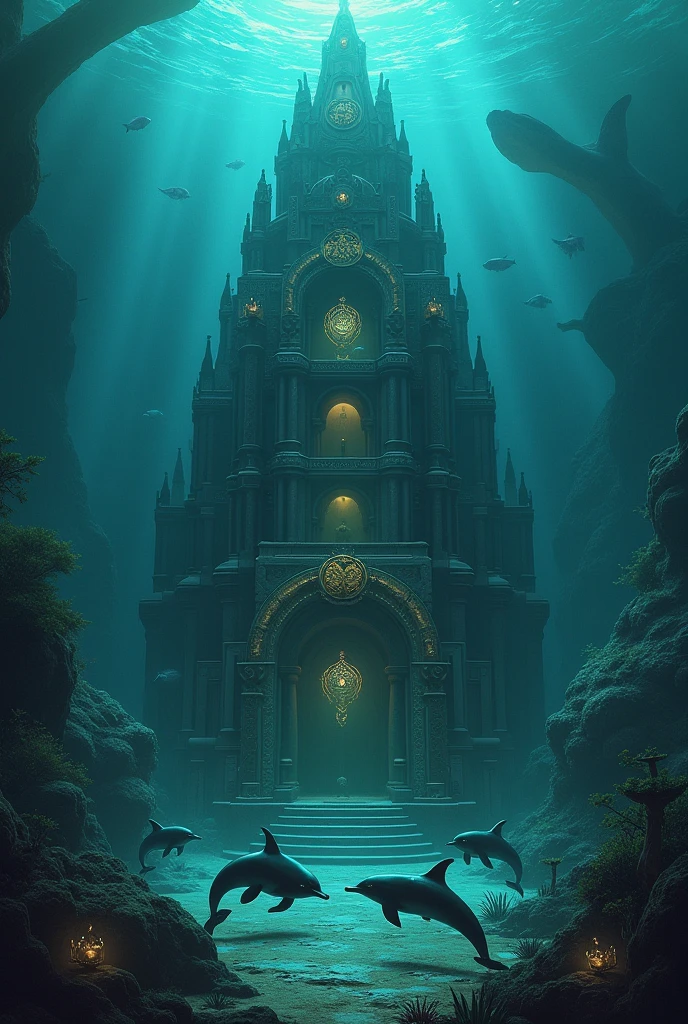 Create an image of an underwater dolphin temple in a satanic cult