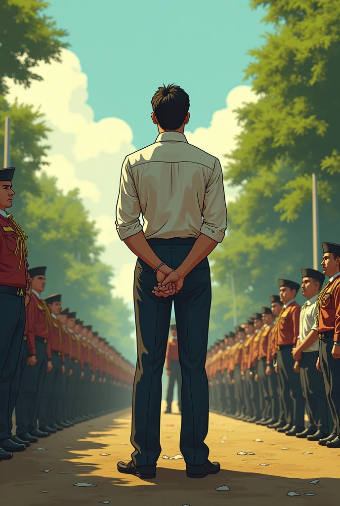 Cartoon-style scene set in Luneta Park (now Rizal Park) on the morning of December 30, 1896. The scene is bathed in soft, early morning light, with a calm, almost serene atmosphere. The lush greenery of the park contrasts with the somber occasion. Jose Rizal, in his mid-30s, stands facing his executioners, his dark, expressive eyes unwavering as he looks directly at the firing squad. His strong jawline, sharp features, and composed expression reflect his inner resolve and courage. He wears a simple white shirt and dark trousers, his hands firmly clasped behind his back, standing tall and dignified, refusing to be blindfolded. -- CW50 