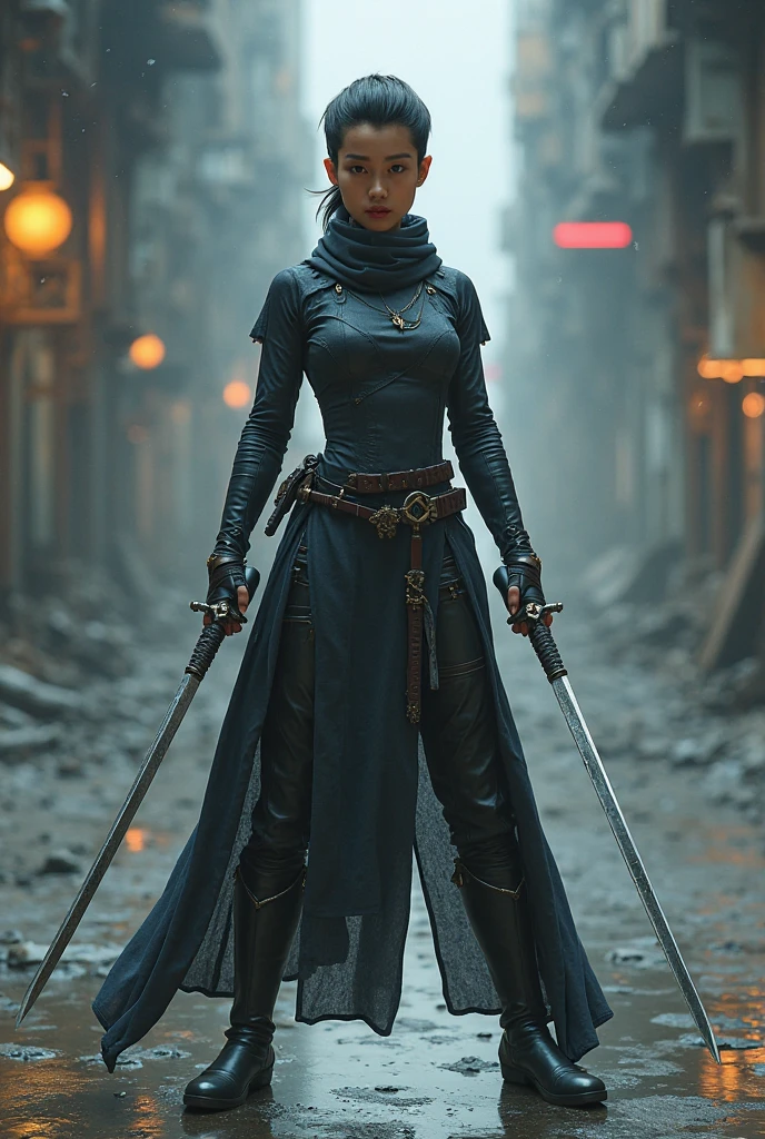 A tan burmese woman, with very short hair, late 20s, dual wielding Thai Dha, swords, that have no crossguards, while dressed in sleek yet futuristic garbs that covers her whole body.