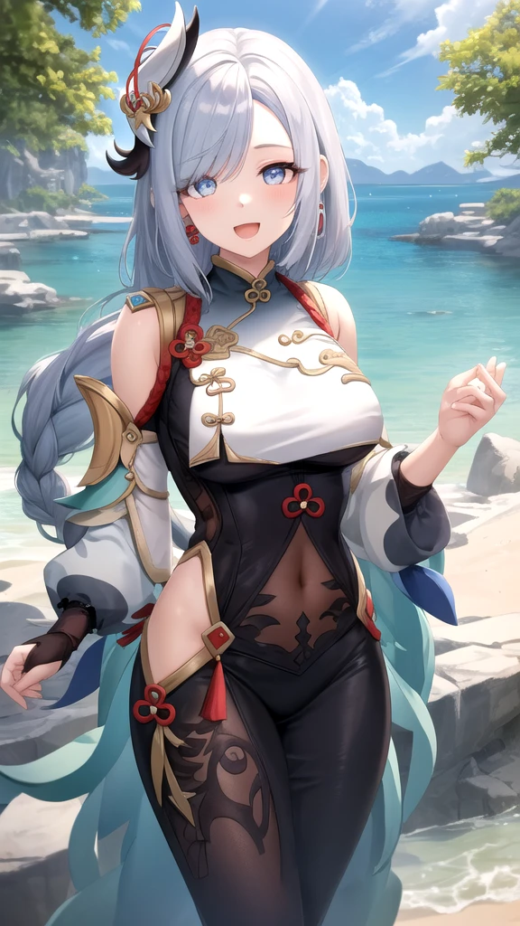 score_9, score_8_above, Maximum resolution 8K, (masterpiece), Very detailed, Professional, large breasts, 1 girl, Alone, solo, BREAK Shenhe, Genshin impact, white hair, long hair, original hair style, silver eyes, \(CLOTHES\), alternate costume, High neck sports top, light blue top, sleeveless, bracelet, low rise leggings, white leggings, sports shoes, beautiful legs, armpits, bewitching thighs, gleaming, skin-tight, shiny skin, chest outline, sharp focus, \(BREAK\), surprised, open mouth, standing, shot from above, looking at viewer, \(PLACE\), in a forest with fallen leaves piling up on the ground
