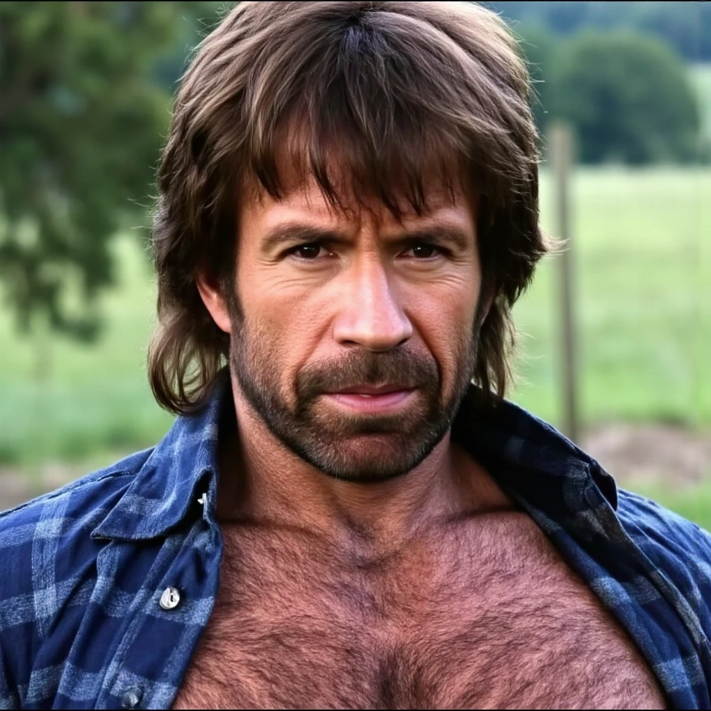dom_suyo, muscular, shirtless, jeans, crossed arms, hairy chest, beard, looking at you, smile, yellow eyes, demon horns, red skin, coloured skin, ear piercing, daylight, outside, landscape, <lora:dom_suyo-30:0.6>