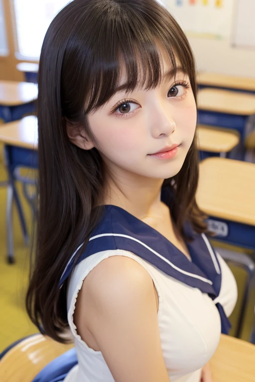 masterpiece, highest quality, Super detailed, shape, beautiful and detailed eyes, close, 1 girl, beautiful japanese girl、sailor suit、big breasts、Hair length medium、classroom、whole body、upright