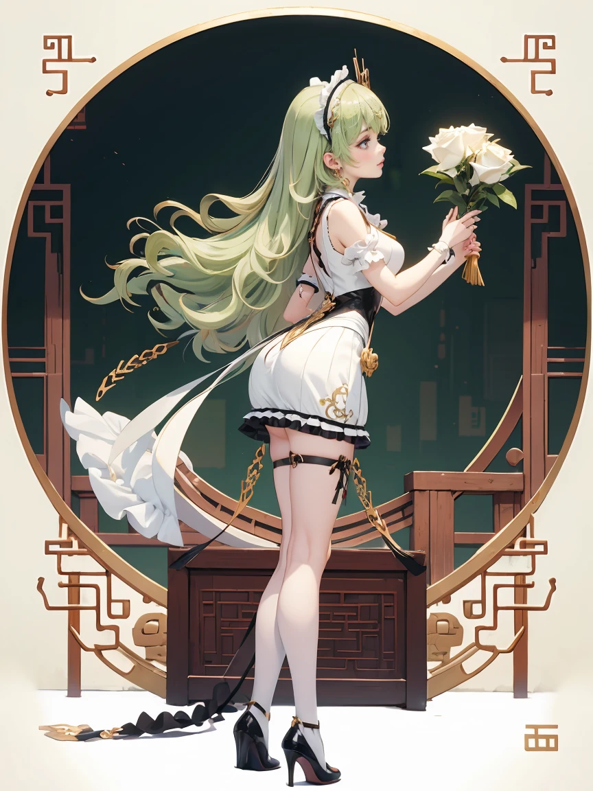 1girl, green hair, harness, black cropped, black skirt, chinese maid design, solo, stomach, white roses, symmetrical gloves, puffed socks, high socks, harness, tassel, chinese maid dress, v neckline, garter on the legs, standing up, white apron, maid dress, chinese maid, chinese aesthetic, thigh gap, harness, white roses on her hair, solid background, chinese maid uniform, full body, side view, too many frills in her dress, magical girl, perfect anatomy, gold jewelry, harness, breasts curtains, Cute pose, puffed sleeves, tassel, glow eyes, long hair with long waves and white roses, high thigh, frills, harness, side view, chinese maid uniform, chinese maid dress, white apron, garter on the legs, gold jewelry, back view, solid background, standing up, side view, blushing, maid headdress, chinese maid dress with too many frills, Chinese aesthetic, puffed skirt, harness, centered girls, full body, glowing hair, magical girl, more details on her clothes, golden details on her dress, harness, tassel