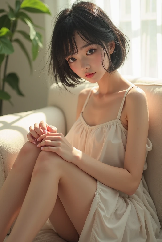 Create a boy with short black hair, androgynous face and body wearing a pink floral dress with thin straps, wedge sandals on his feet, sitting on a pink sofa with a sad face