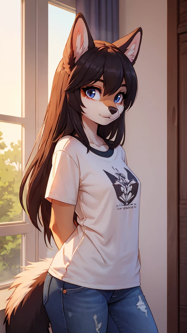 (((Wolf))), woman, ((furry)), masterpiece, with a t-shirt and shorts, in a house, lighting zenematic, 4k, detailed lines, Gray and big fur, Brown hair, blue eyes, demonstrating affecttion, shy,