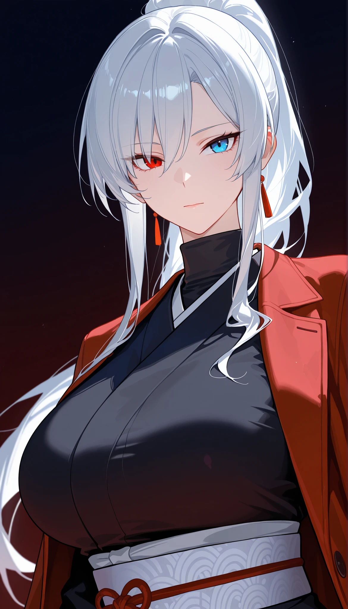 best quality, masterpiece, absurdres, 1girl, solo, heterochromia, red_eye, blue_eye, white_hair, long_sleeves, large_breasts, tall, mature_female, long_hair, red_coat, open_coat, black_kimono, hair_over_one_eye, tsurime, turtleneck, formal_clothes, from_side, Japanese_clothes, dynamic from side angle, ponytail, portrait, cropped_shoulders, upper_body, dark_background, red gradient, looking_at_viewer,