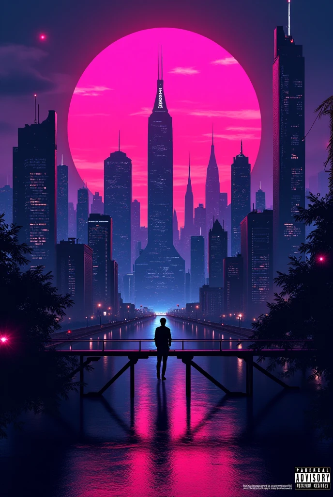 “Dark and dark cover for a trap song/reggaeton entitled 'Zorrito Flow Ft. Lil Napoles - Inevitable'. Presents a city cyberpunk night with skyscrapers illuminated by neon lights in shades of pink, purple and blue. The image must include urban elements that evoke the environment of alcohol and heartbreak, such as stylized bottles and a subtle broken heart motif integrated into the background. The title appears at the top with a type vibrant and futuristic neon, and a discreetly but recognizable label 'Parental Advisory' is incorporated in a corner. The design must have a digital and street aesthetic, combining elements of urban art and retrofuturistic vibes.”, all the words correctly ordered in Spanish