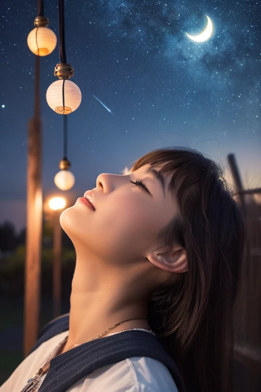 One 20-year-old woman with a very cute face like an idol、Gentle and cute、Cleavage、Beautiful starry sky、(Looking up at the night sky)、(((Natural light inside at night)))、RAW Photos、Genuine、live-action、(Artistic Expression)、High resolution、masterpiece